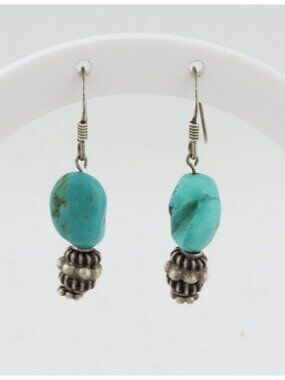 Sterling Silver Natural Turquoise Earrings Dangle Drop 1 1/8" x 3/8"